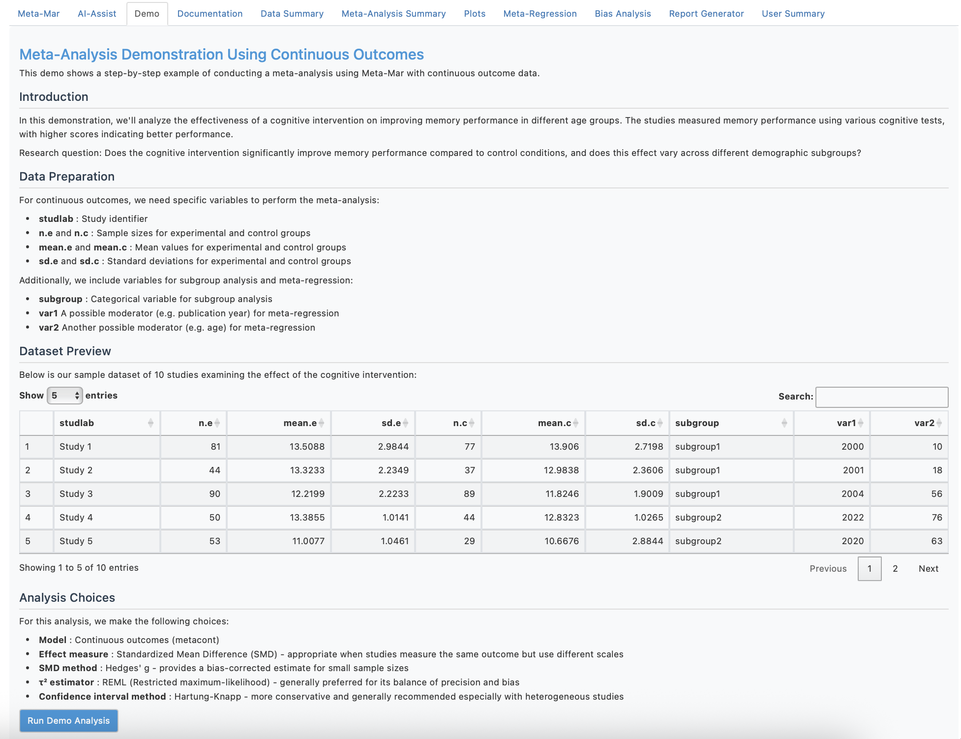 Meta-Mar Demo Tab - Meta-Analysis Demonstration